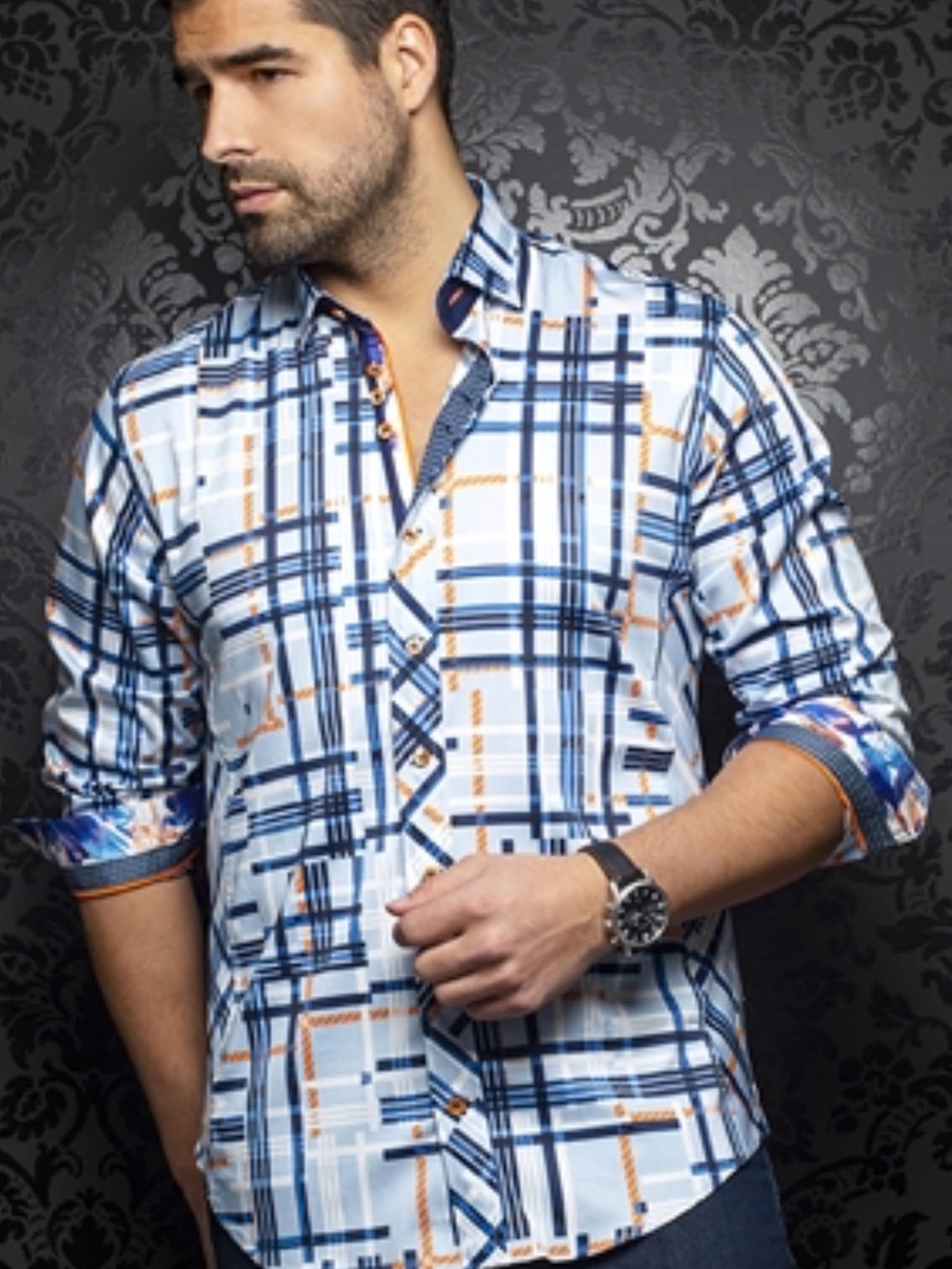 Au Noir Dieter Blue- Orange  Various Strips Fitted button down Dressy Shirt.